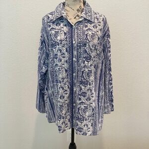 COMPANY ONE Woman‎ 3X Blue White Print Long Sleeve Button Up Shirt 100% Cotton
